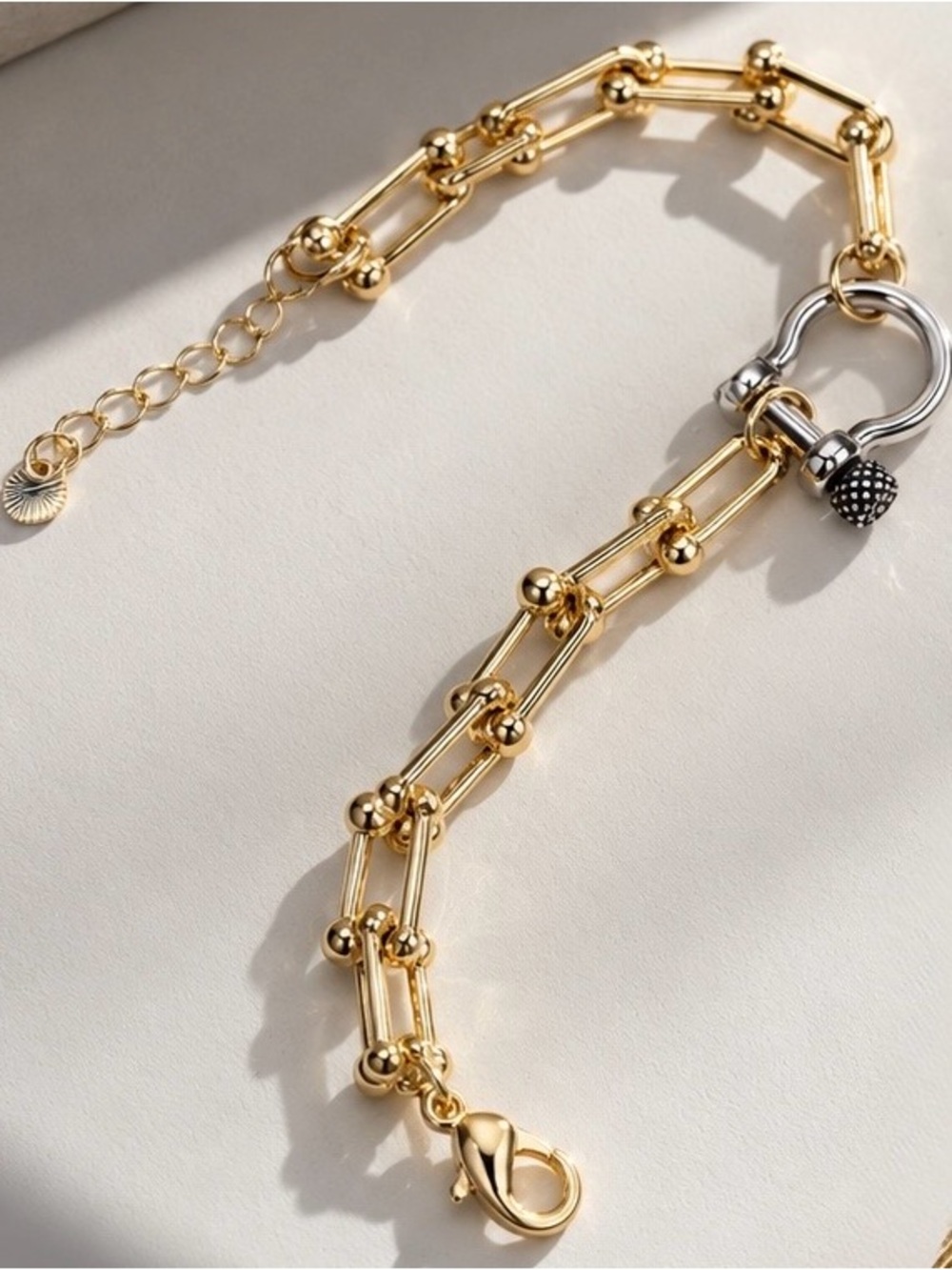 18k Gold PVD Two-Tone Link Bracelet with White Gold Plated Horseshoe